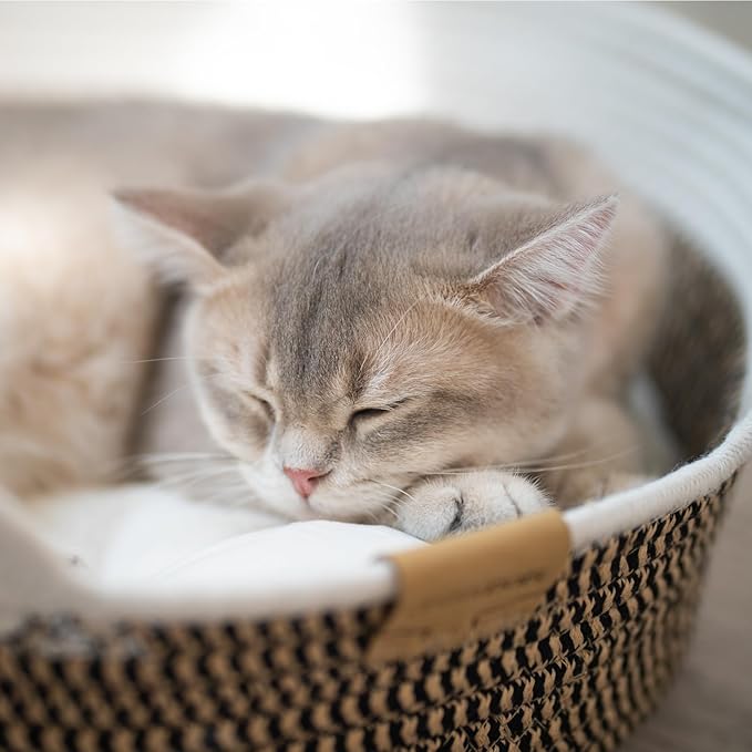 CHEERHOME PETS Cat Bed Basket with Cushion, Cotton Rope Woven Pet Bed for Indoor Cats Couch, Stimulicat Cat Bed Handwoven Breathable, All Season Universal (Brown)
