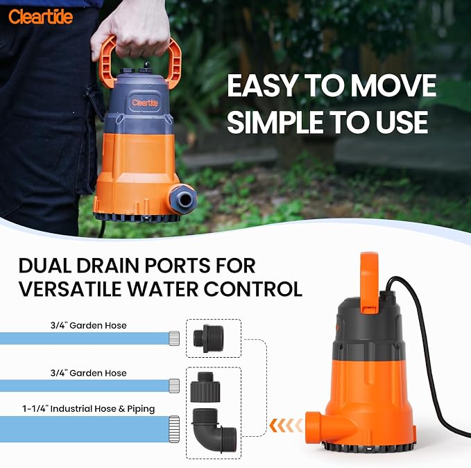 1 HP Submersible Utility Water Pump, 4500 GPH Sump Pump, Portable Plug and Work for Pond, Garden Watering, Pool or Hot Tub Water Transfer
