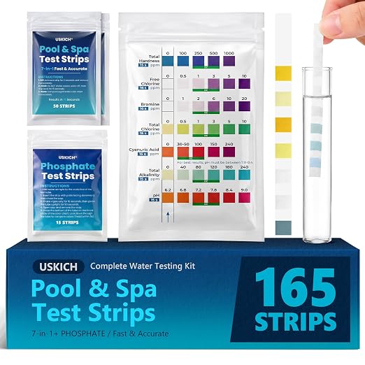 8-Way Hot Tub & Pool Test Strips, 150-Count 7-in-1 Pool Test Strips + 15-Count Phosphate Test Strips, Accurately Test pH, Chlorine, Bromine, Hardness, Total Alkalinity, Cyanuric Acid, Phosphate etc