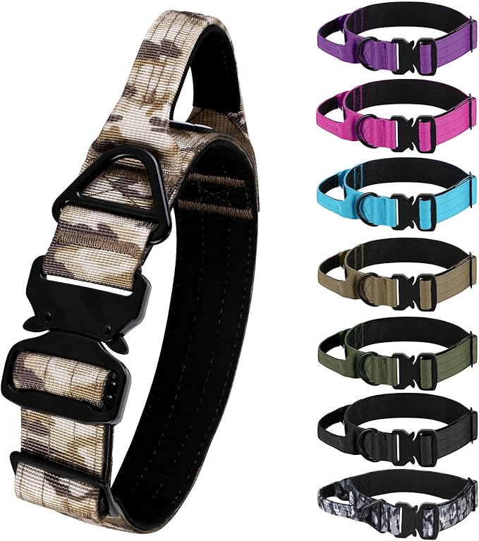 Tactical Dog Collar, Adjustable Military Collar with Handle and Heavy Duty Metal Buckle, Thick Dog Collars for Medium and Large Dogs (Khaki Camouflage, M)