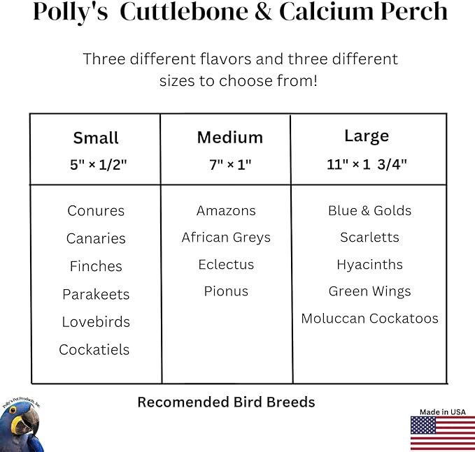 Polly's Edible Cuttlebone Calcium Bird Cage Perch for Budgies, Parakeets, Amazons, Blue & Golds, Macaws and Cockatoos.… (Variety, Large)