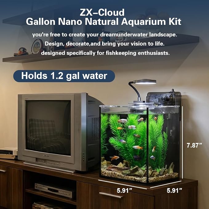 1.2 Gallon Fish Tank with Light,Filter,Lid,Landscape Accessories | Tall Fish Tank,Aquarium Starter Kit,Ultra-Clear Glass Aquarium,for Small Fish,Shrimp,or Betta