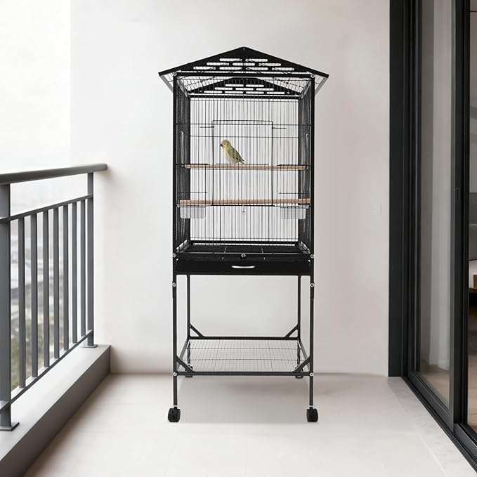 53.5 Inch Iron Bird Cage, Large Parakeet Cages with Play Open Top and Rolling Stand, Bird House with Detachable Stand and Pull-Out Tray for Cockatiels, Parrots, Lovebirds, Canaries (Black, Style A)