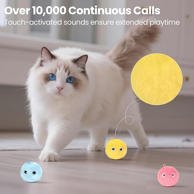Chirping Cat Toy Balls, 3 Pack | Upgraded Plush Interactive Toy Balls, 3 Realistic Animal Sounds, Battery-Powered Motion Activated, Suitable for Indoor Kittens and Adult Cats Exercise Toy