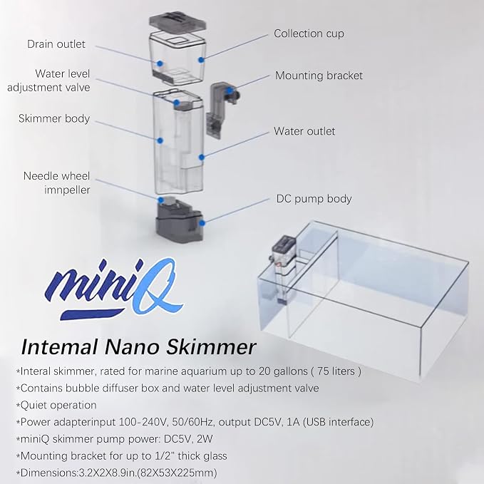 MiniQ Hang on Back Aquarium Filter Internal Hang on Back Canister Filter Nano Protein Skimmer Surface Skimmer Aquarium/Betta Pool Skimmer for coralife Fish Tank Saltwater Aquariums