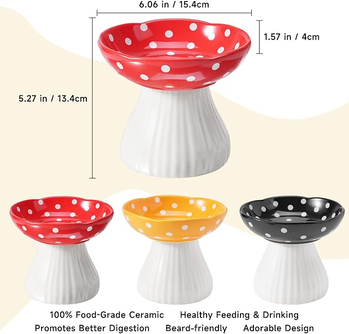 Mushroom Cat Bowl,Whisker Fatigue Cat Bowl,Cute Cat Bowls,Elevated Cat Food Bowl, Lead & Cadmium Free Ceramic Cat Bowls for Food and Water.(Black)