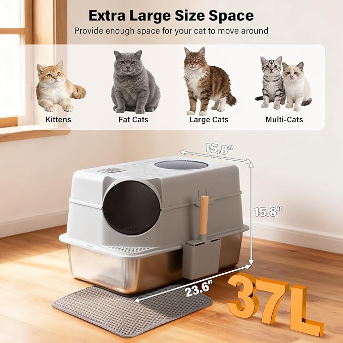 Stainless Steel Litter Box with Lid, Extra Large Enclosed Cat Litter Box for Big Cats, Metal Cat Box with High Sided Enclosure & Scoop, Front & Top Entry, Odor Free, Anti-Leakage, Grey
