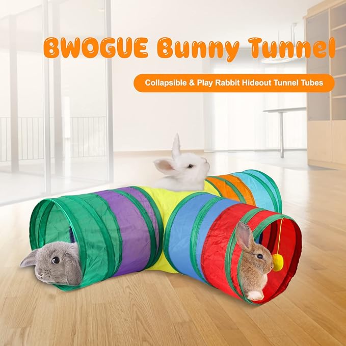 BWOGUE Bunny Tunnels & Tubes Collapsible 3 Way Bunnys Hideout Small Animal Activity Tunnel Toys for Dwarf Rabbits Guinea Pigs Kitty