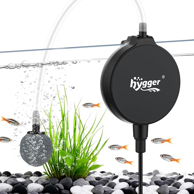 hygger 1.5 Watt Mini Aquarium Air Pump, Quiet Aerator with Air Stone Tubing Suction Cup Clip, Small Fish Tank Bubbler Oxygen Pump for 1 to 15 Gallon Betta Tank, Fish Bowl, Desk Small Tank