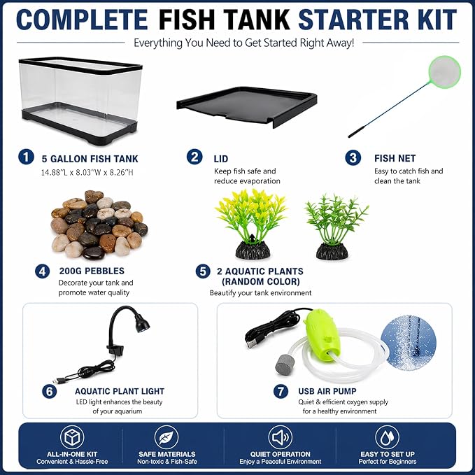 5 Gallon Fish Tank Starter Kit for Betta Shrimp Guppy & Neon Tetra | Clear AS Plastic Desktop Aquarium with Bottom Drain, LED Light, Air Pump, Lid, Fish Net, Aquatic Plants and Pebbles for Home