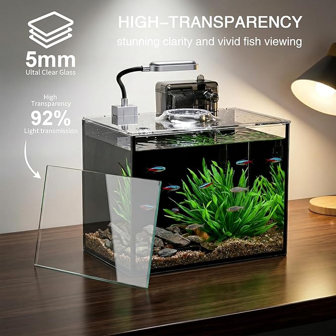 2.5 Gallon Betta Fish Tank, Small Aquarium Kit,Glass Small Fish Tank,Betta Fish Tank with a lid and Light and Filter, Small Transparent Glass Fish Tank with Light and Filter (Black Glass Background)