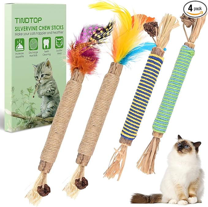 TINDTOP Catnip Chew Toys for Cats, 4 Pack Natural Silvervine Sticks for Kittens Teeth Cleaning, Matatabi Dental Care, Increase Appetite, Aggressive Chewers Cat Dental Toy