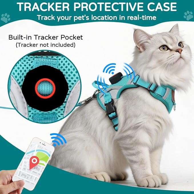 Large Cat Harness and Leash Set with Tracker Holder, Upgraded Escape Proof Vest for Extra Large Cats Small Dogs Puppy, Reflective Adjustable Breathable Mesh Walking Jacket, Green, XL