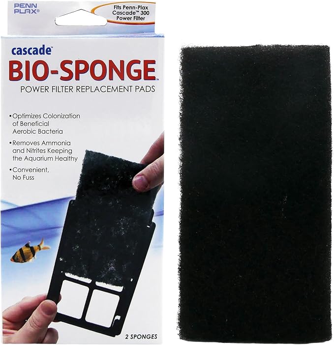 Penn-Plax Cascade 300 Power Filter Replacement Bio Sponge, 2 Pack -Durable Aquarium Filter Media Compatible with Cascade Power Filters -Improves Water Flow & Filtration Efficiency -Black, 7 x 1 x 5 In