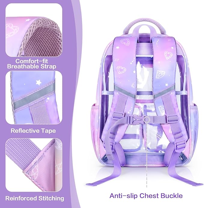 PAMANO Clear Backpack for Girls, Heavy Duty Transparent Bookbag for Kids, See Through Cute Backpacks for Elementary Primary School Work Sport Travel - Purple
