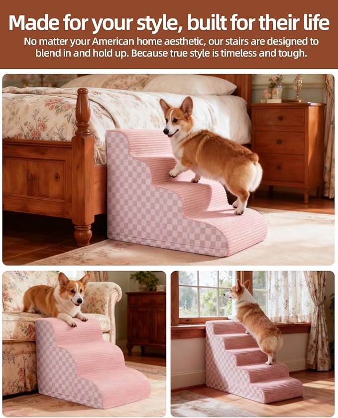 Dog Stairs Curved Ramp for Small Dogs 19.5" H, 4-Step Pet Stairs for Couch Bed with High Density Foam, Dog Slope Stairs with Durable Non-Slip Bottom Pink