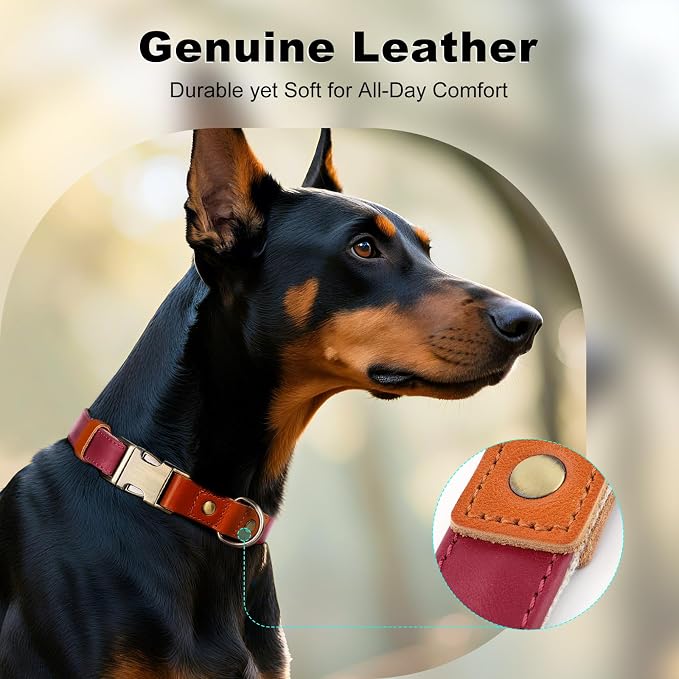 Plutus Pet Genuine Leather & Hemp Dog Collar – Adjustable Heavy Duty Pet Collar with Quick Release Metal Buckle, Soft & Stylish for Puppy and Small, Medium, Large Dogs (Burgundy, L)