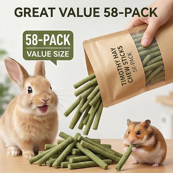 Rabbit Toys,Timothy Hay Stick for Guinea Pig Toy Bunny Chew Toys for Teeth Grinding Hamster Alfalfa Bite Treat Rabbit Molar Food Snack for Pet Rat Chinchilla Squirrel Gerbil-58PCS