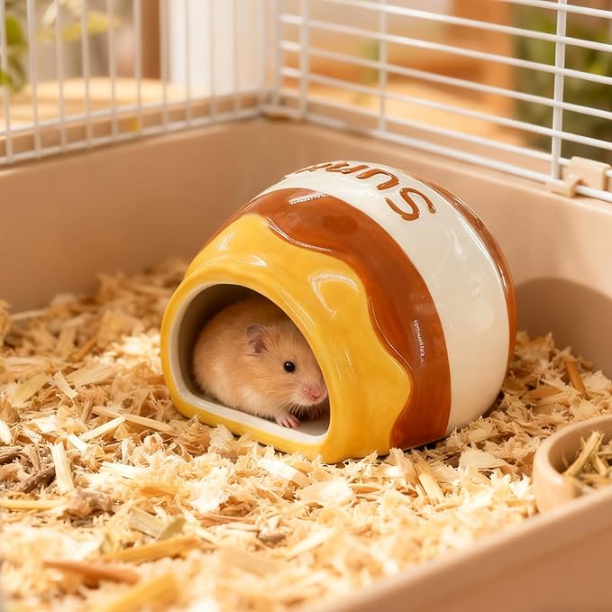 WishLotus Ceramic Hamster Hideout, Cute Honey Jar Shaped Hamster House, Large-Opening Small Animal Hideout, Small Animal Hideout Habitat Decor for Dwarf Hamsters Gerbils Chinchilla (Yellow-Brown)