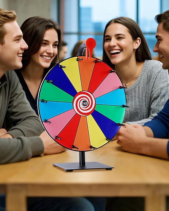 12 Inch Spinning Wheel for Prizes, 14 Slots Prize Wheel with Stand, Customizable Spinner Game for Classroom, Carnival, and Office Events