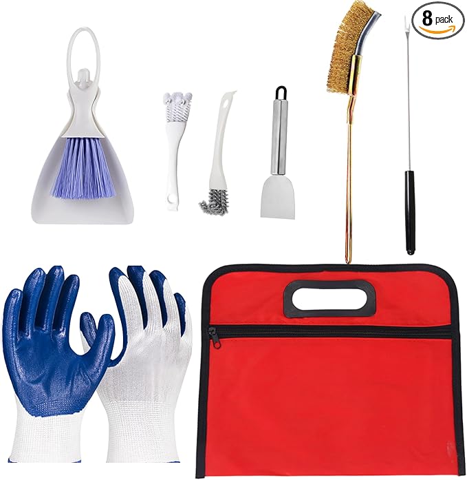 8PCS Bird Cage Cleaning Kit - Heavy Duty Bird Cage Cleaner Set with Stainless Steel Scraper, Wire Brushes, Mini Broom & Dustpan - Complete Deep Cleaning Tools for Parakeet, Parrot & Budgie Cages