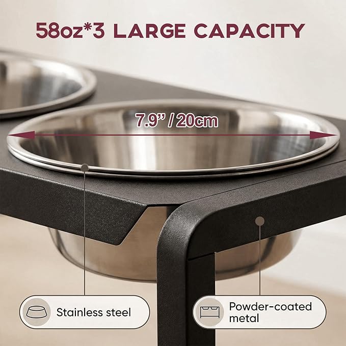 Metal Elevated Dog Bowls, Raised Dog Bowls for Medium/Large Sized Dogs with Three 58oz Stainless Steel Food Bowls, 3 Adjustable Height (8.8"/11.5"/14") Dog Bowl Stand Protect Neck & Joints