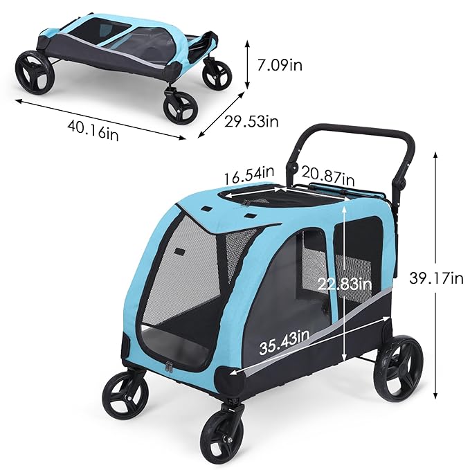 Saudism Dog Stroller for Large Dogs, Extra Large Pet Stroller for Medium Dogs, Dog Wagon Carriage, Foldable Design, Adjustable Handle, with Pocket, Up to 130 lbs, Blue