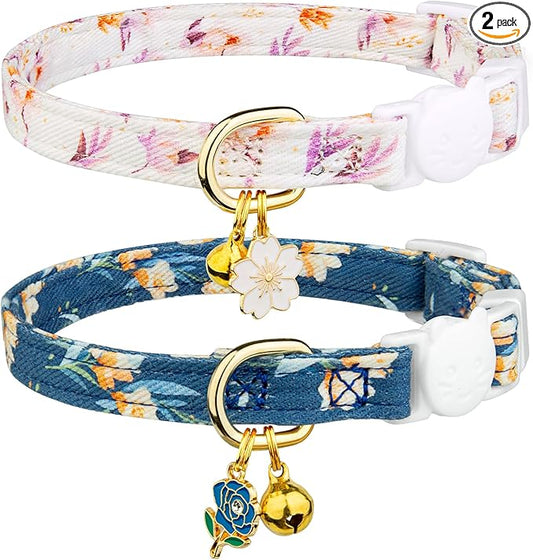 2 Pack Cotton Breakaway Cat Collar White and Blue Flowers Pendant Cute Kitten Cat Collar with Bell