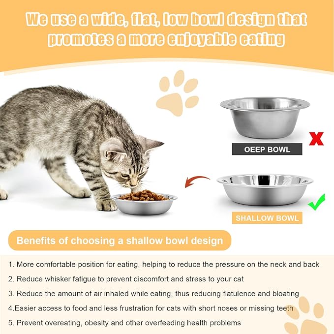 Stainless Steel Cat Bowl-Shallow Wide Flat Cats Food Bowls,Metal Kitten Dishes Whisker Friendly Fatigue Relief,Replacement Basic Kitty Plates for Elevated Stand,Dishwasher Safe（Set of 5）