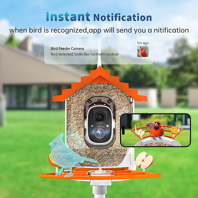 Smart Bird Feeder with Camera Solar Powered & AI Bi rd Identification, 2.4Ghz WiFi Bird feeders for Outdoors, 2K Live Video, Instant Arrival Alerts - Orange
