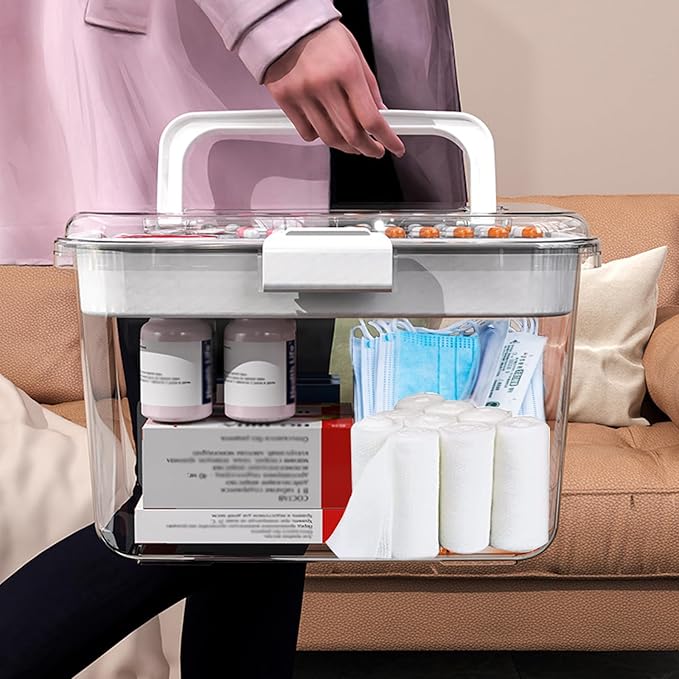 2 Layers First Aid Kit Box, Large Medic Box with Handle, Family or Camping Emergency Tool Set