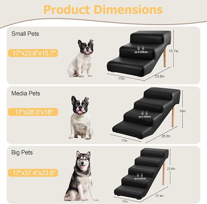 4-Step 18" H Dog Stairs for Bed Couch, Waterproof & Scratch PU Leather Pet Steps for Small Senior Dogs and Cats, Dog Ramp with 220 lbs Maximum, Oak Leg & Solid Wood, Non-Slip Feet, Black