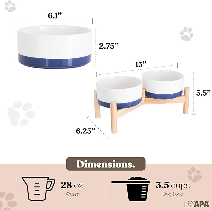 Ilyapa Ceramic Dog Bowls - Elevated for Medium Sized Pet with Raised Food and Water Set - Blue Double 6 inch, 28 Oz Bowls & 13x6.3x5.5 Wooden Stand