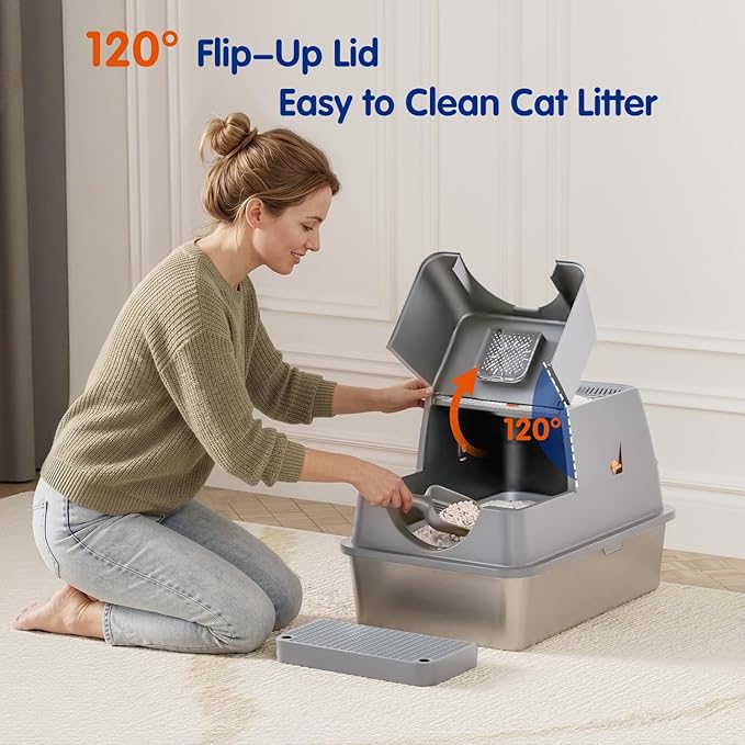 Stainless Steel Litter Box with Lid, XL Extra Large Cat Litter Box Enclosure, Front & Top Entry Covered Metal Cat Box with Steps & Scoop, Easy Cleaning