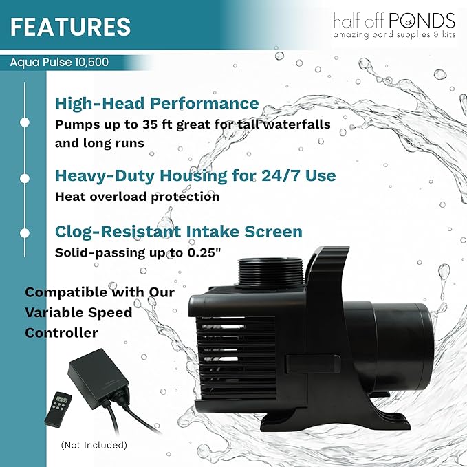 HALF OFF PONDS Submersible Water Pump, 10,500 GPH Pond Pump with 33FT Power Cord and 27 FT Max Head, 620W Ultra Quiet Energy Efficient Pump for Koi Pond, Fountain, Waterfall, Water Garden, Skimmer