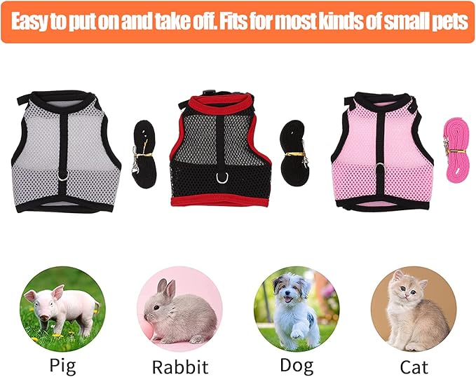 balacoo 3 Sets Rabbit Clothes Hamster Rope Harness and Leash Guinea Pig Harness and pet Traction Rope Breathable mesh Vest Ferret Tiny Dog Clothes Hamster Harness Leash The Rat net Bunny