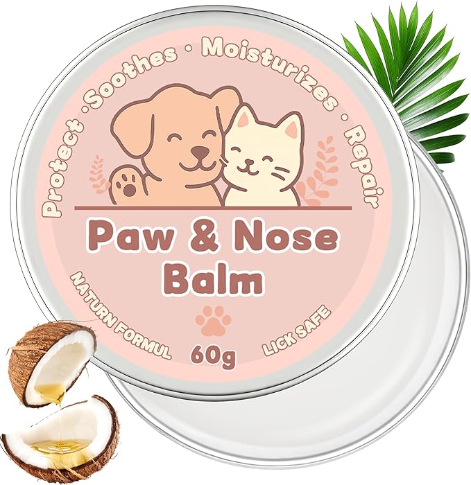 Dog Paw & Nose Balm for Dry Cracked Paws, Lick-Safe Natural Paw Pad Balm for Dogs & Cats, Moisturizing Protection from Snow, Salt & Hot Pavement, 60g