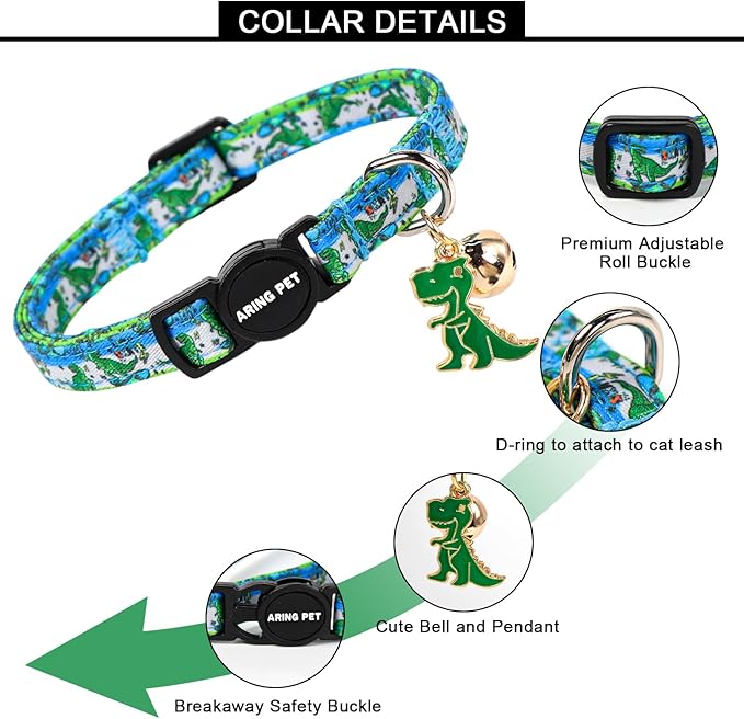 ARING PET 2 Pack Cat Collars with Bell, Cute Summer Soft Cotton Kitten Kitty Breakaway Cat Collars for Boy Girl Cats-Dinosaur & Duck