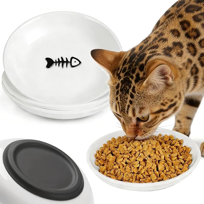 Non-Slip Cat Food Bowls - 3 Pack Whisker Fatigue Ceramic Cats Dishes Set for Indoor Cats, Shallow Wide Kitten Plates for Wet Food and Water, Microwave & Dishwasher Safe