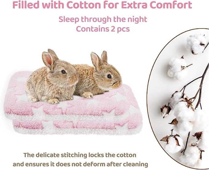Amakunft 2 Pcs Guinea Pig Bed Mat Washable, Rabbit Winter Bed Pad for Indoor, Warm Small Animal Bed Mattres, Fleece Sleeping Pad for Bunny, Rat, Hedgehog, Sugar Glider, Chinchilla (Pink Star, Large)