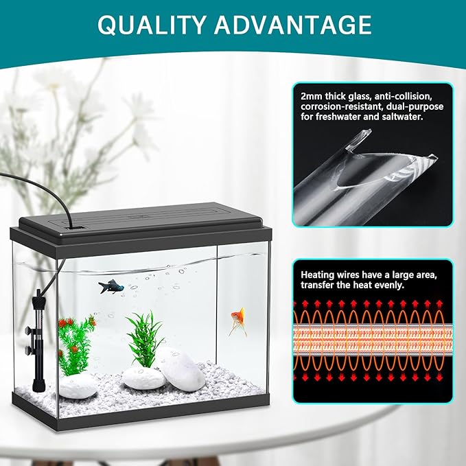 hygger ETL Certification Aquarium Heater, 50W/100W/200W/300W Submersible Fish Tank Thermostat Heater with Firm Double Pair Suction Cups for Coral Saltwater and Freshwater Tank with Thermometer (50W)