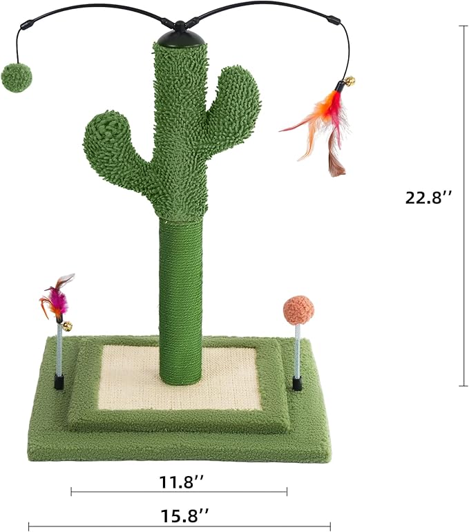 YUNIQUE Cactus Cat Scratching Post with Sisal Rope, Small Cat Tree with Dangling Balls & Feather for Kittens (Green, 22.8'')