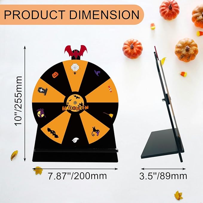 iobiotio Halloween Party Spinning Prize Wheel, 8 inch Halloween Game Spinner Wheel for Prizes with Stand, 10 Slots Color Small Tabletop Roulette Spinner, Easy Assembly and Erasable, Portable