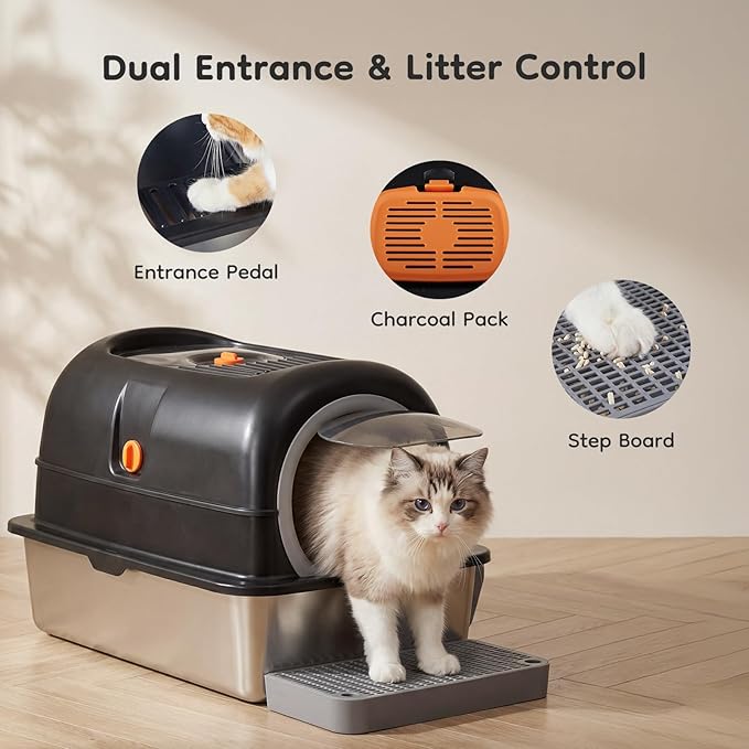 OLIXIS Stainless Steel Litter Box with Lid, Extra Large Enclosed Cat Litter Pan for Big Cats, High Sided Cat Box with Scoop & Mat, Front & Top Entry, Black
