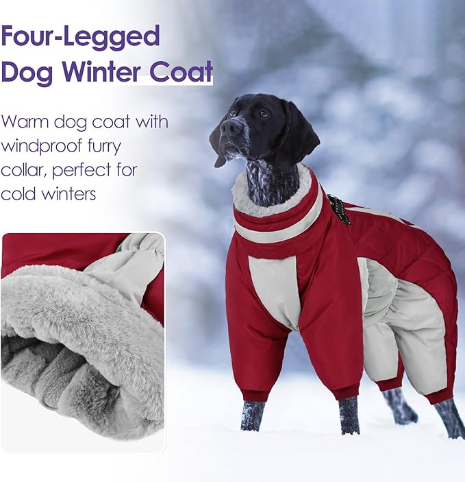 Full Body Dog Coat - Warm Fleece Jacket for Small Dogs, Turtleneck Winter Coats with Harness, Reflective Dog Snowsuit Windproof Puffer Jackets with Legs for Pug, Jack Russel, Burgundy S