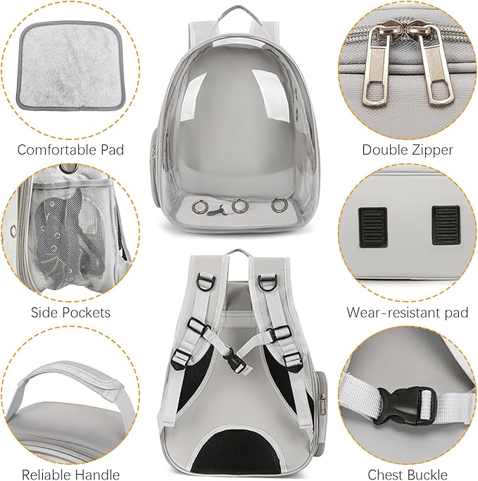 kathson Bearded Dragon Carrier with Harness and Leash Set, Large Reptile Travel Carrier Portable Lizard Backpack Clear Small Animals Carrying Bag for Gecko Hamster Rabbit Hedgehog Kitten (Gray)