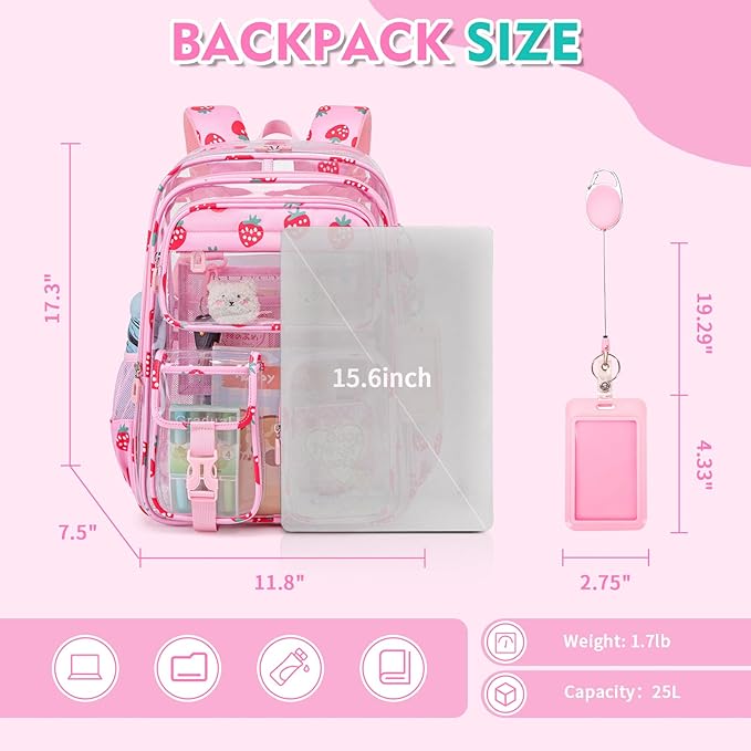 Clear Backpack for School,Transparent Backpack Stadium Events,Heavy Duty Clear Bookbag for Girls,Boys,Work,Sport Pink Strawberry