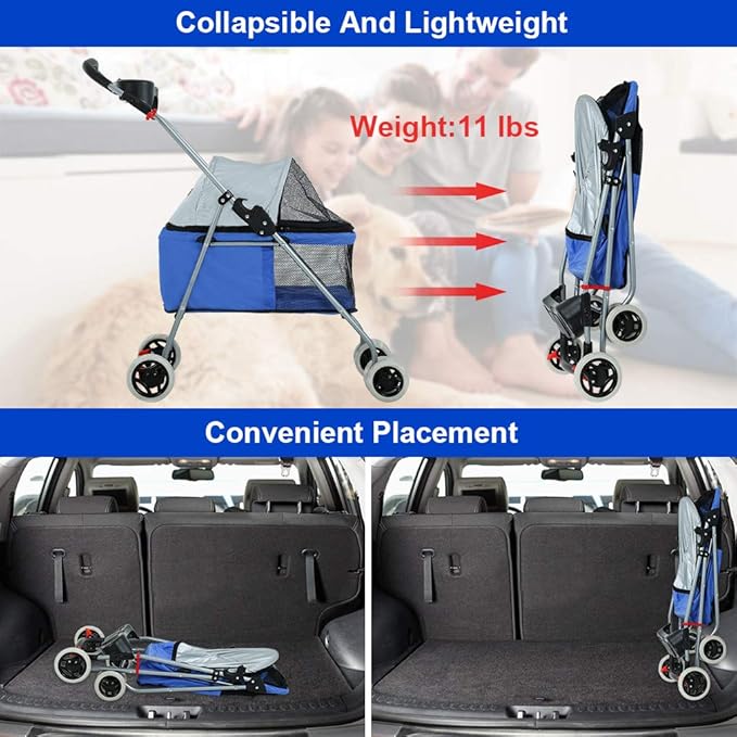Pet Stroller 4 Wheels Posh Folding Waterproof Portable Travel Cat Dog Stroller with Cup Holder,Blue