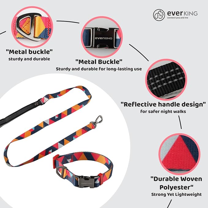 EVERKING Dog Collar & Leash Set for Everyday Walking | Matching adjustable collar and leash set with reflective handle and heavy-duty hardware for comfortable everyday dog walks.