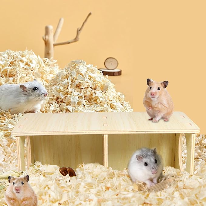 Hamster and Mouse Wooden Tunnel Cage Secret Peep Shed 2-Chamber Wooden Hamsters Chamber for Gerbil Rat Mice Hideout & Tunnel Exploring Toys